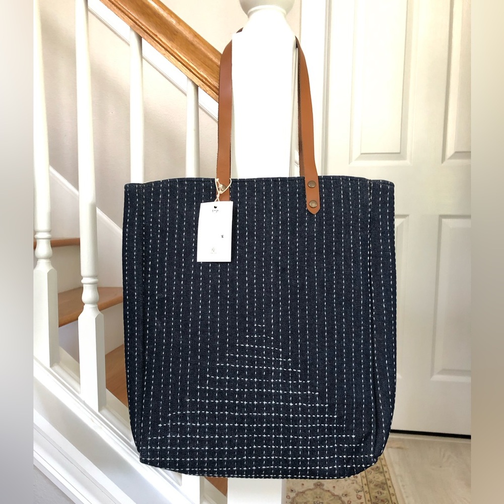 Classic Navy Stripe Tote with Tan Leather Handles